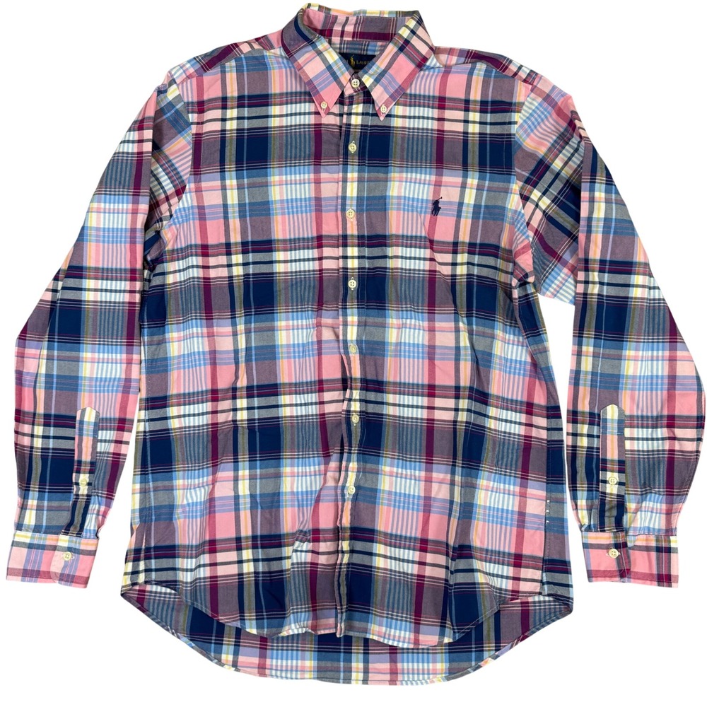 Ralph Lauren Mens Large Classic Fit Plaid Oxford Button Down Shirt Pink Blue L